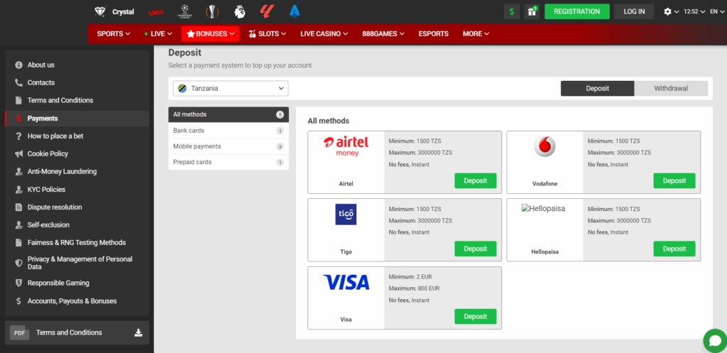 Transactions on the 888Starz website